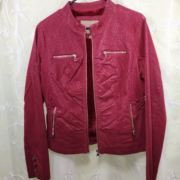 Red Faux Leather Jacket, Fitted , w/ Gold Embellishments . Soft Lining. Small. - Picture 3 of 9
